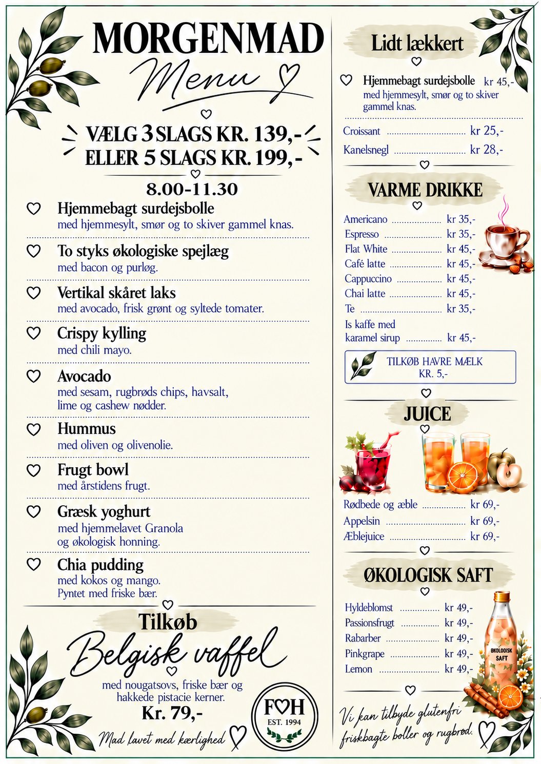 Morgenmad menukort – Fru Holms Køkken