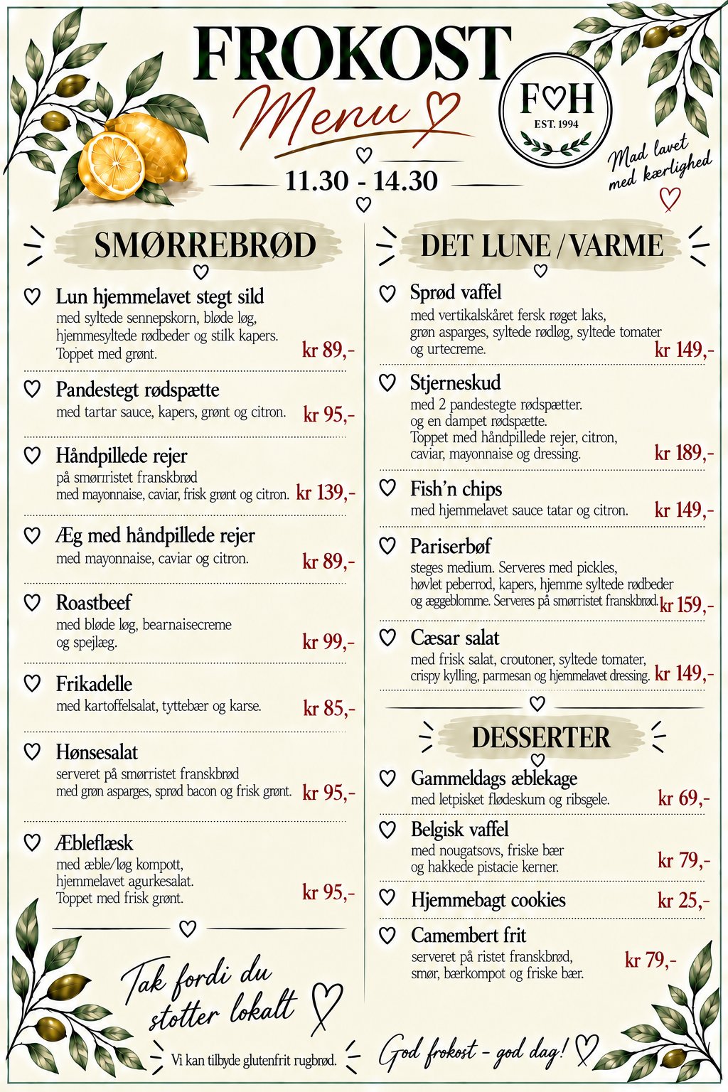 Frokost og smørrebrød menukort – Fru Holms Køkken