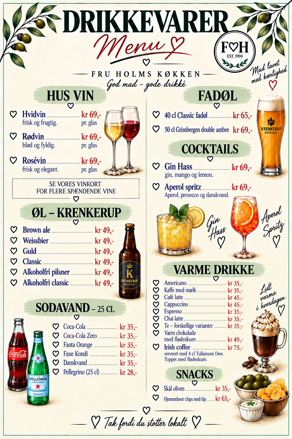 Drikkevarer menukort fra Fru Holms Køkken med vin, fadøl, cocktails, øl og kaffe