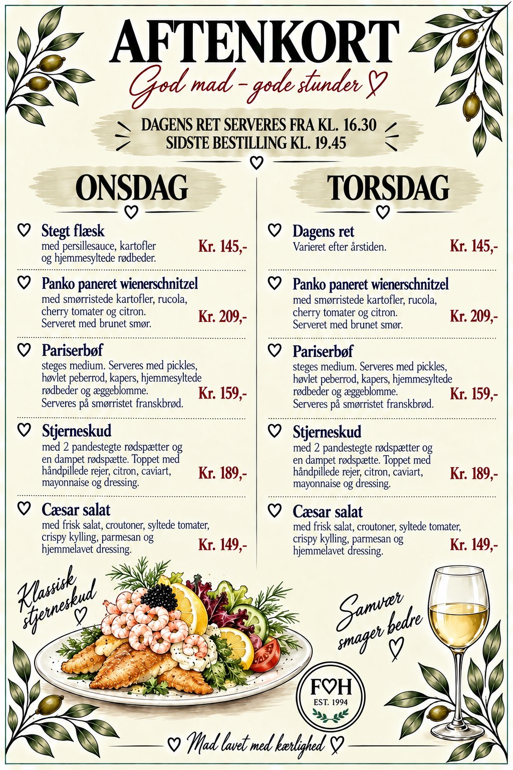 Aftenmenukort for onsdag og torsdag – Fru Holms Køkken