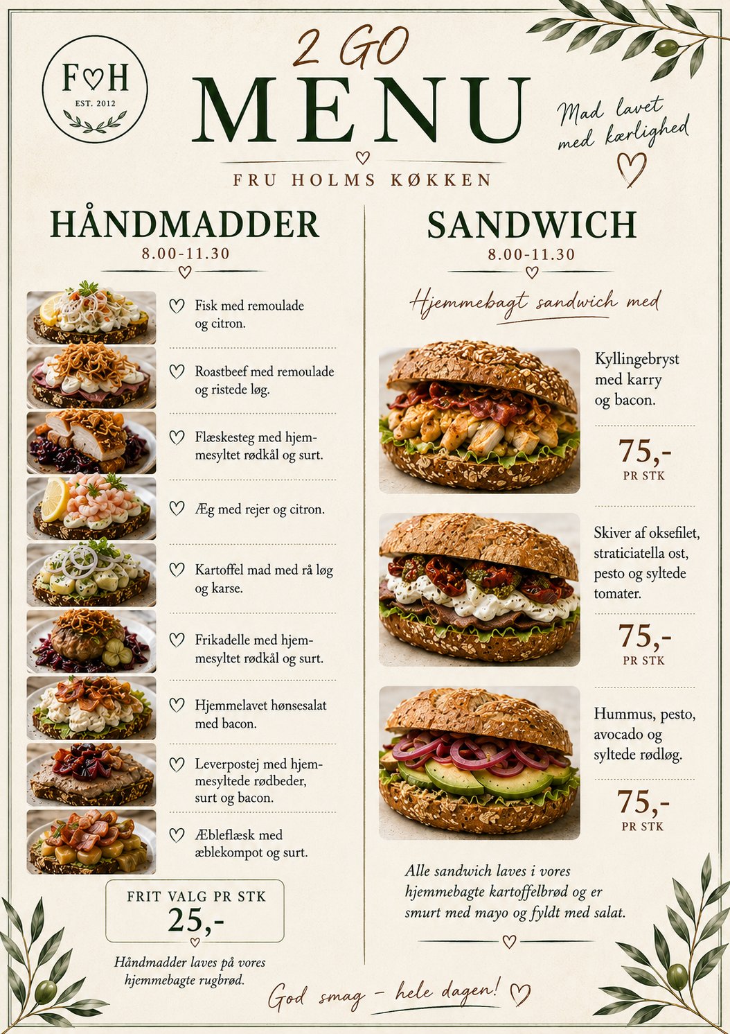 2 Go menukort med håndmadder og frisksmurte sandwich – Fru Holms Køkken